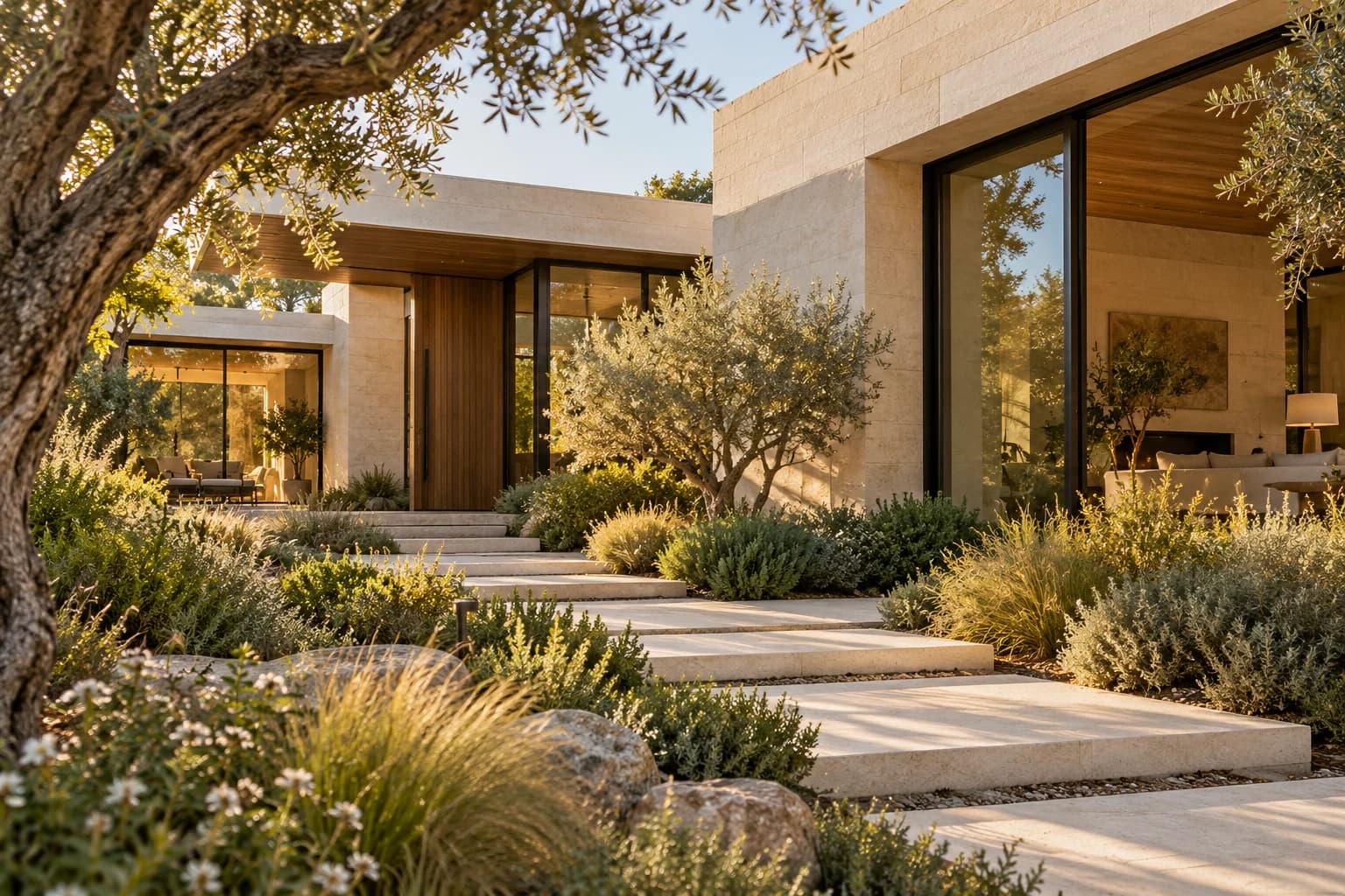 Contemporary residential architecture framed by greenery and warm afternoon light
