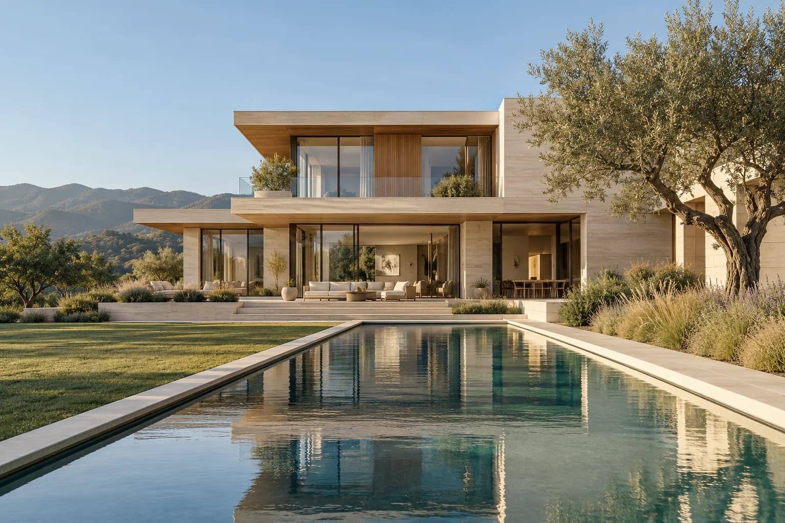 Light-filled contemporary stone residence beside a reflecting pool and natural landscaping